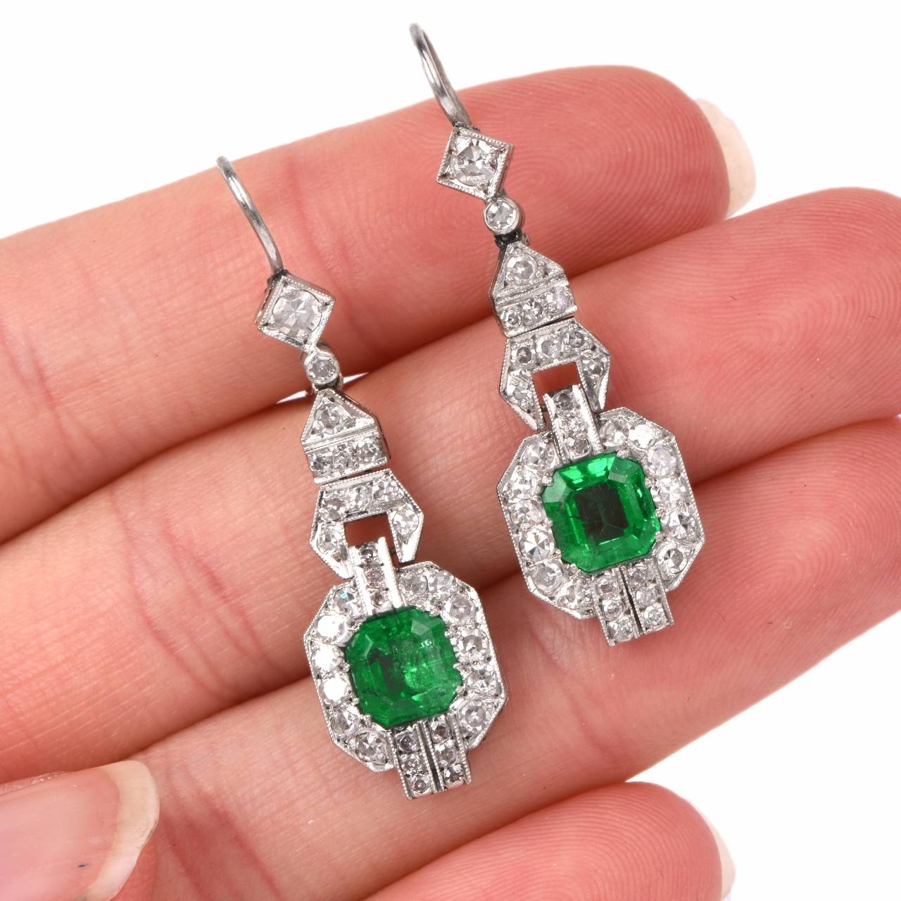 Antique Emerald Diamond Platinum Pendant Earrings 1