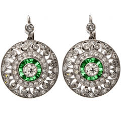 Antique Diamond Emerald Platinum Earrings