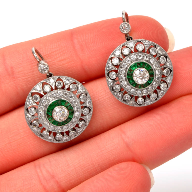 Diamond Emerald Platinum Earrings at 1stDibs