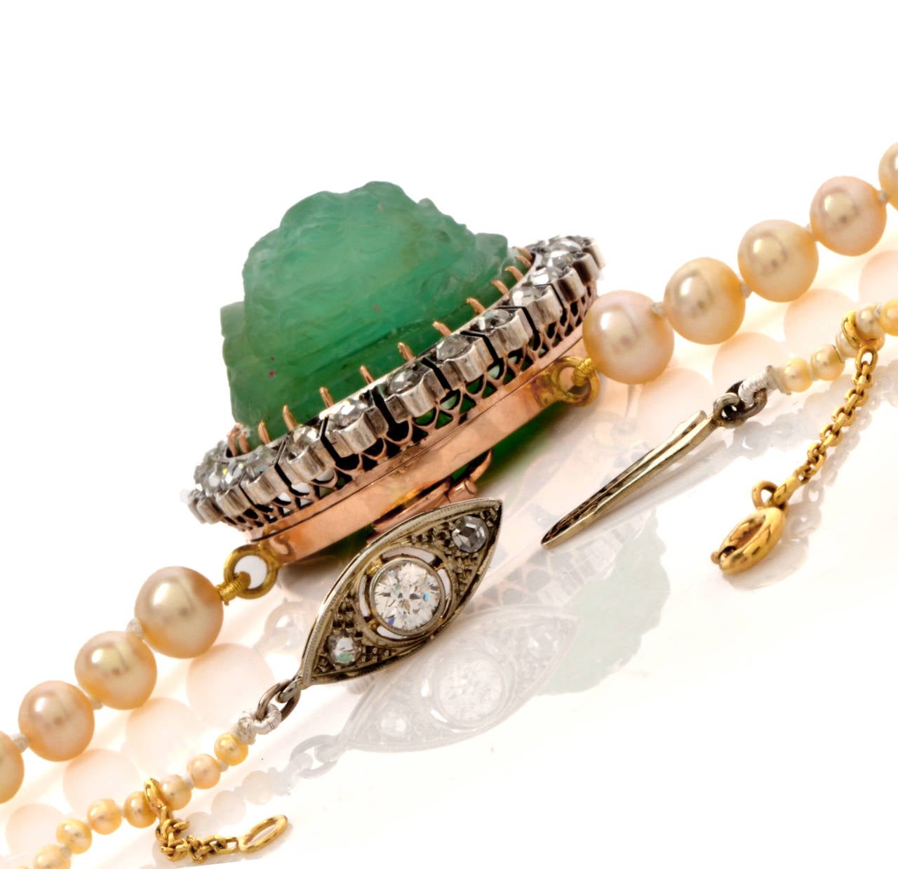 Women's Pearl Emerald Angel Cameo Rose-cut Diamond Gold Necklace