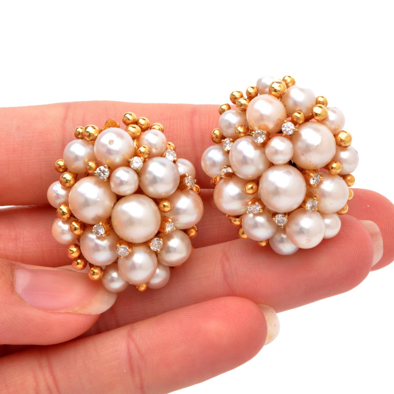 Pearl Diamond Gold Cluster Earrings 1