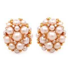 Pearl Diamond Gold Cluster Earrings