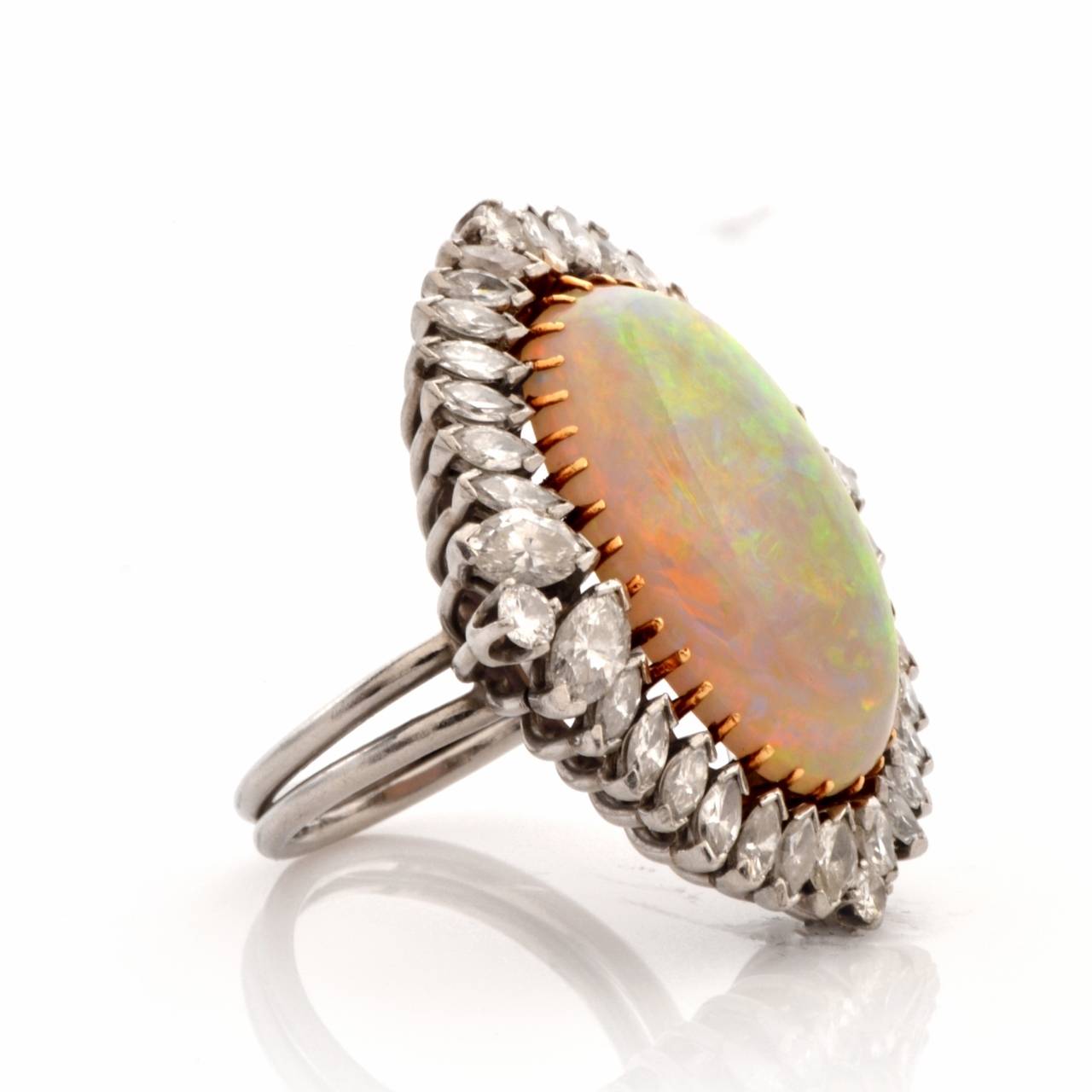 Large Cabochon Opal Diamond Platinum Cocktail Ring In Excellent Condition In Miami, FL