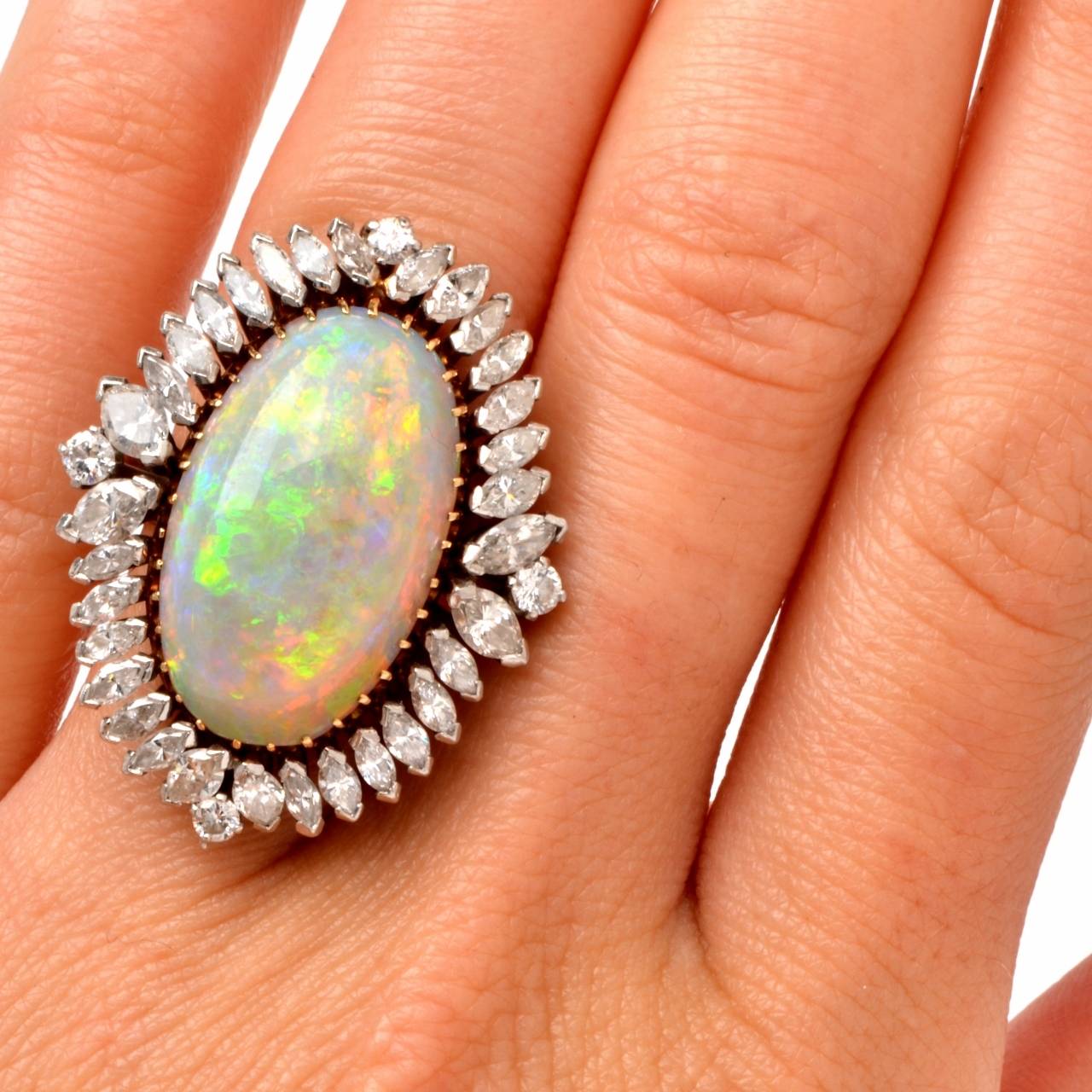 Large Cabochon Opal Diamond Platinum Cocktail Ring 1
