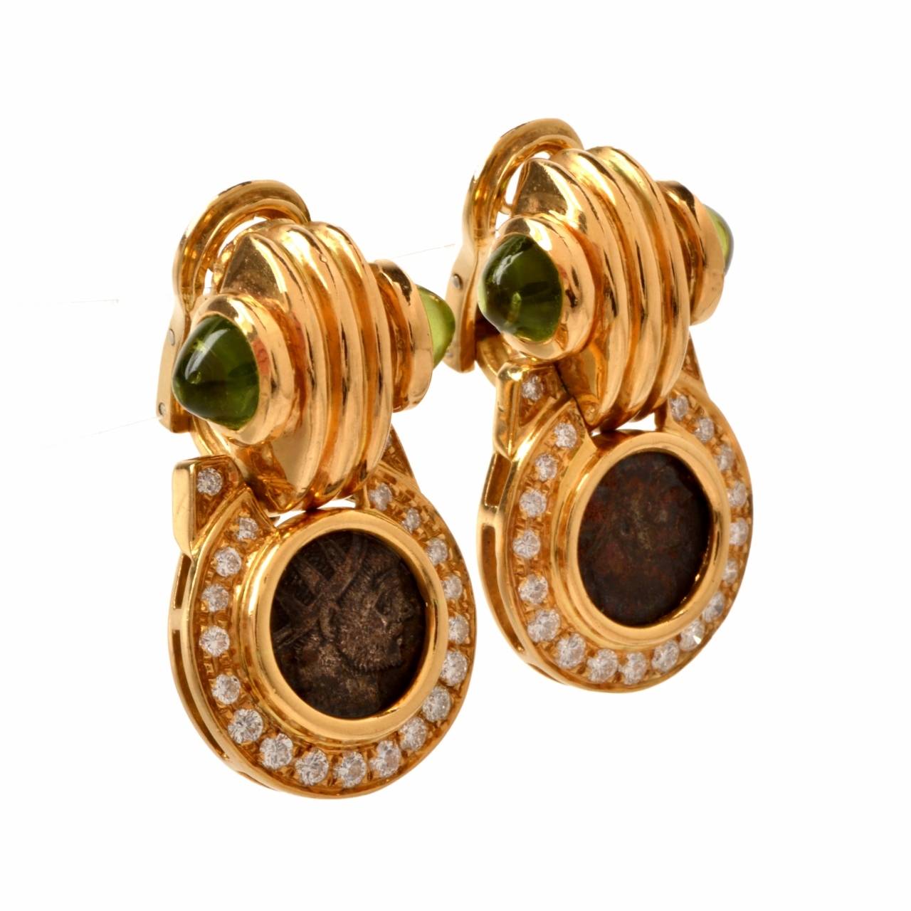 Gold Roman Coin Peridot Diamond Clip Earrings In Excellent Condition In Miami, FL