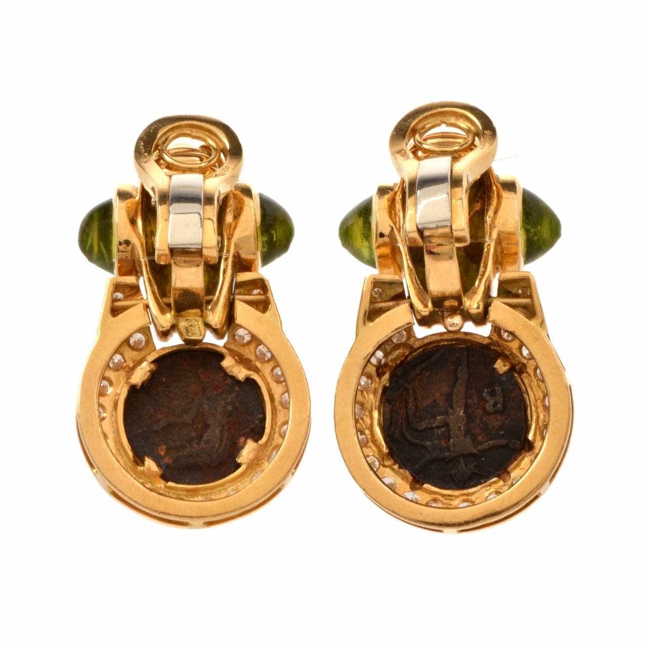 Women's Gold Roman Coin Peridot Diamond Clip Earrings
