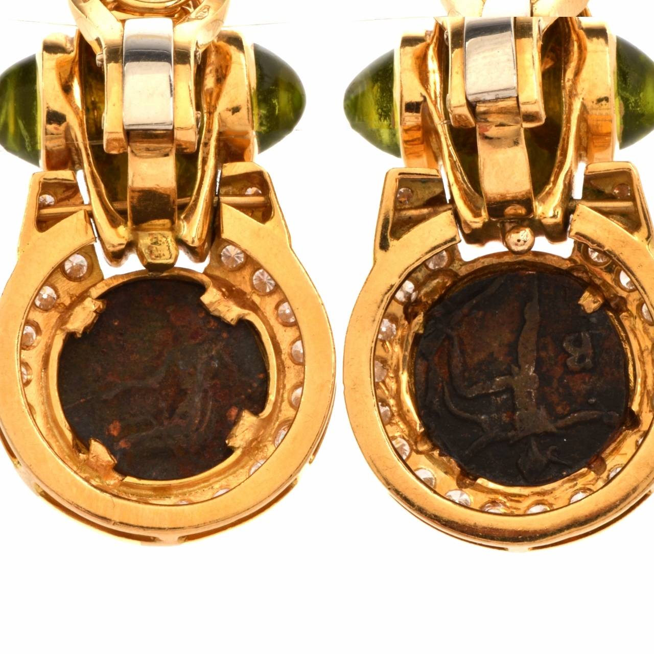Gold Roman Coin Peridot Diamond Clip Earrings 1