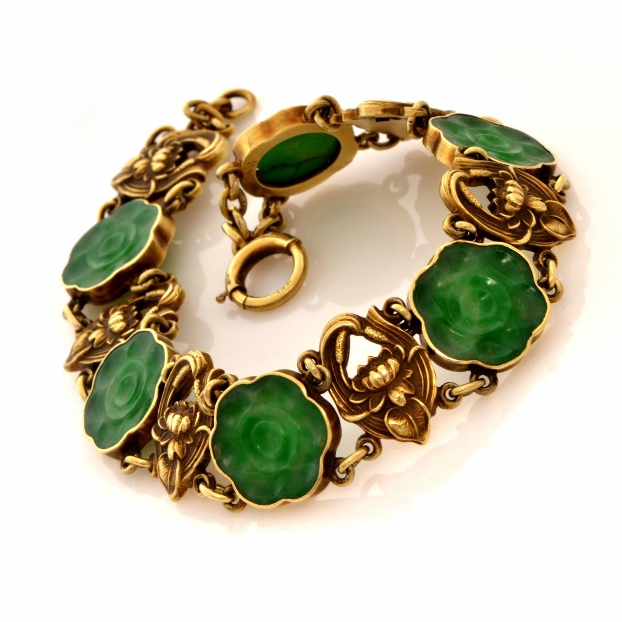 Art Nouveau Jadeite Gold Link Bracelet at 1stDibs