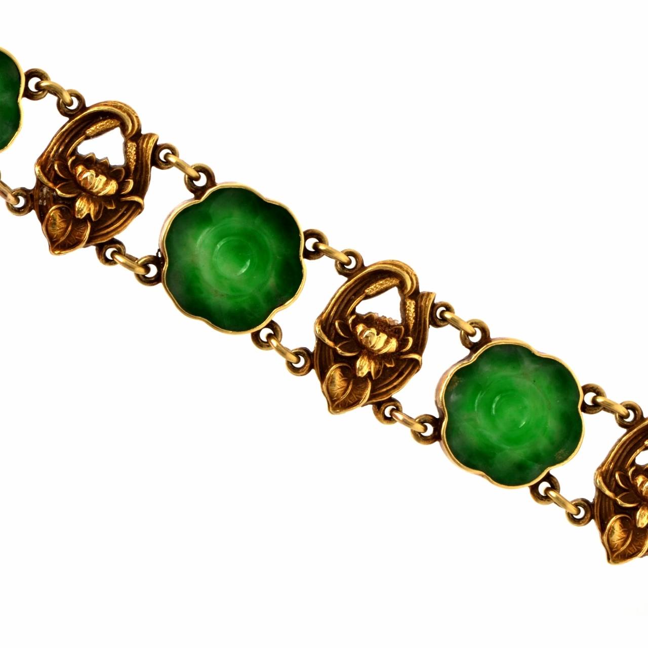 Art Nouveau Jadeite Gold Link Bracelet In Excellent Condition In Miami, FL