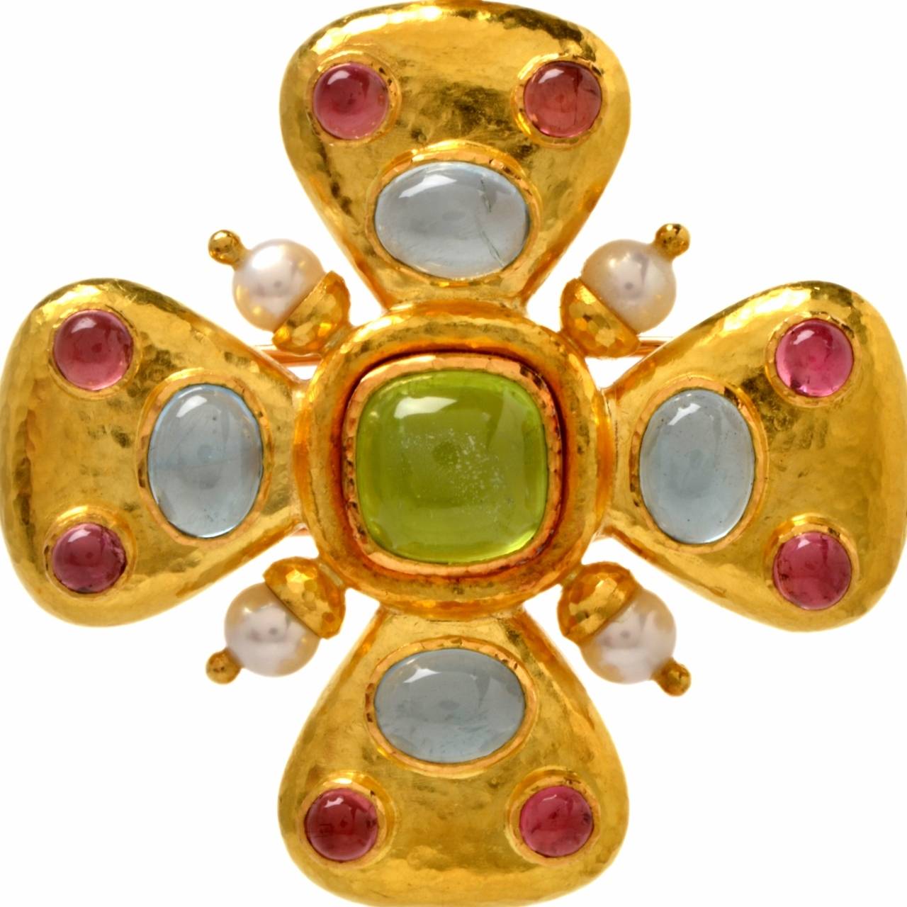 This unique lapel brooch and pendant depicting a Maltese cross is designed by Elizabeth Locke, crafted in delicately textured matted 19K yellow gold, weighing  approx. 19.1 grams and measuring  approx. 2 1/2