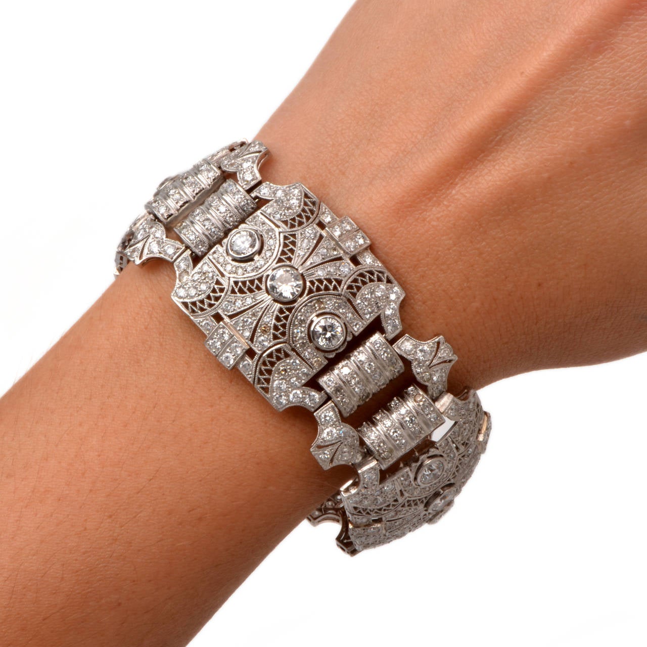 Diamond Platinum Wide Filigree Link Bracelet 4