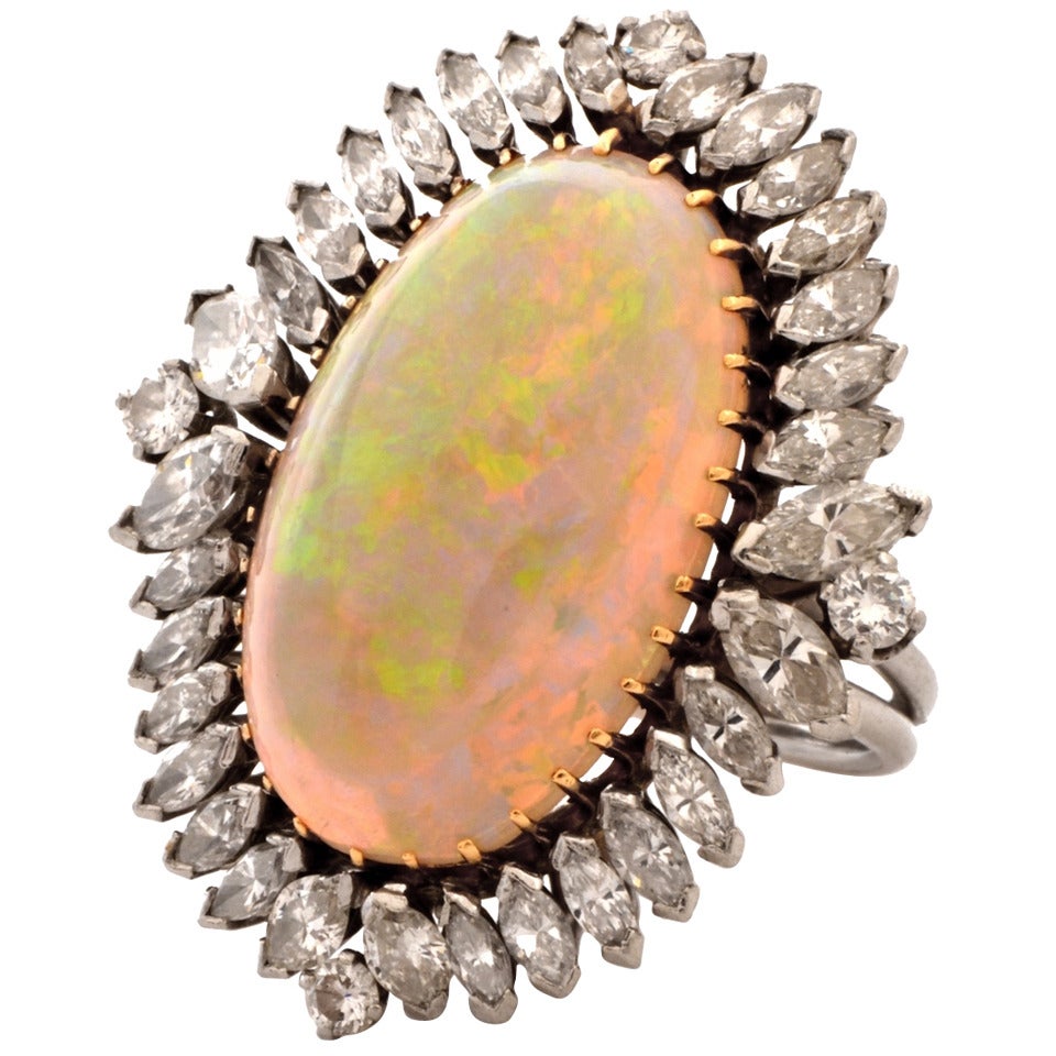 Large Cabochon Opal Diamond Platinum Cocktail Ring