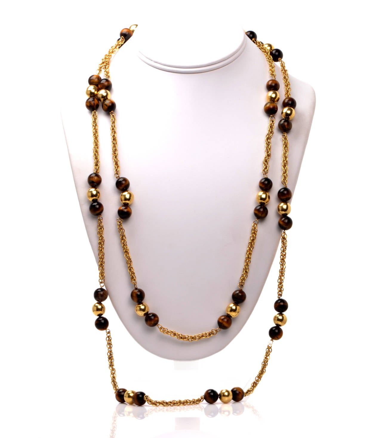 Tiger's Eye Yellow Gold Bead Sautoir Necklace In Excellent Condition In Miami, FL