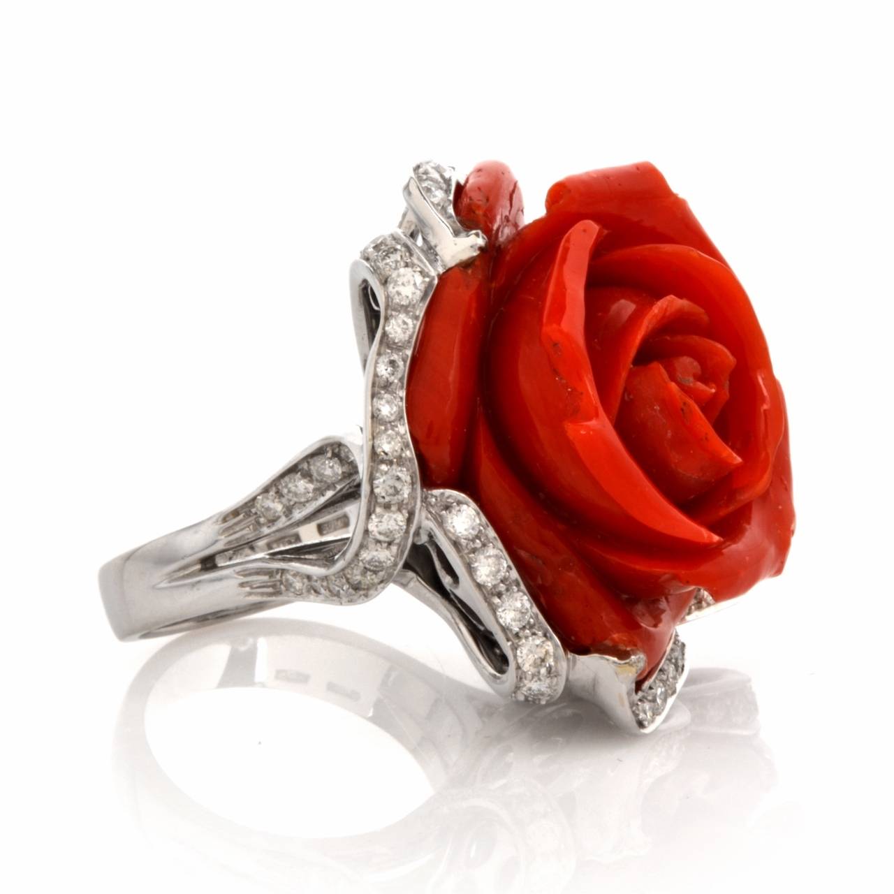 Women's Coral Diamond Gold Flower Cocktail Ring