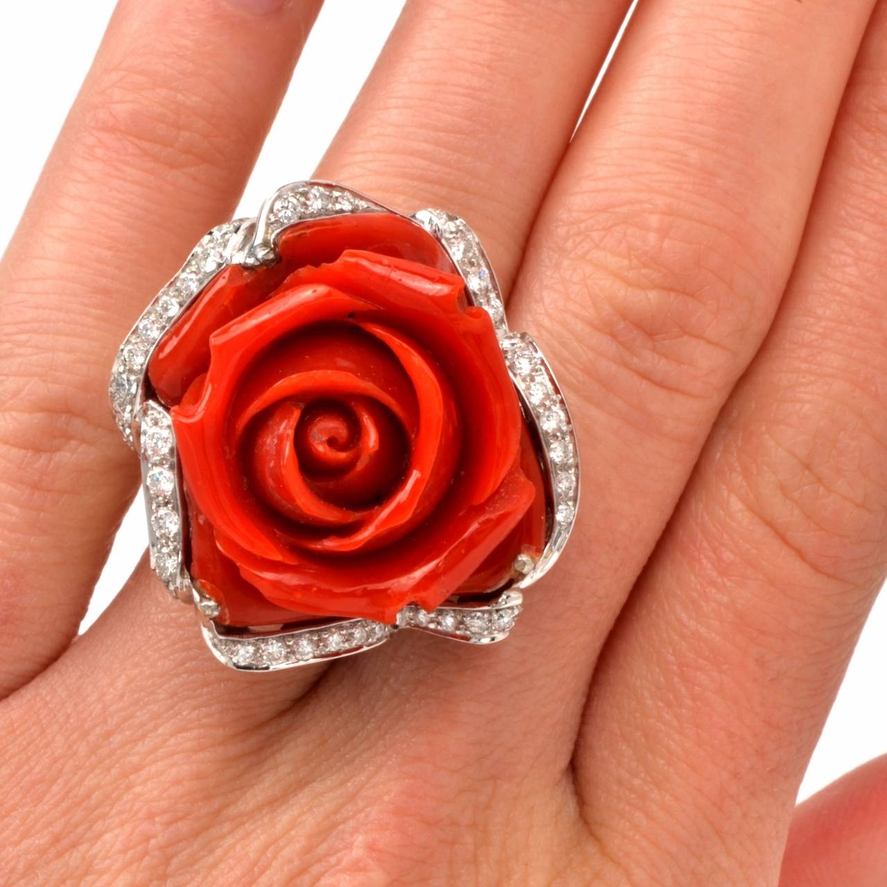 Coral Diamond Gold Flower Cocktail Ring 2