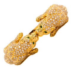 Emerald Diamond Yellow Gold Panther Cuff Bracelet