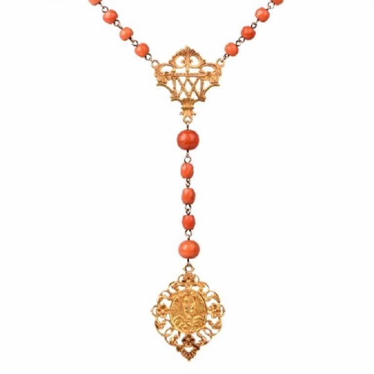 Retro Coral Bead Filigree Gold Medallion Rosary Necklace