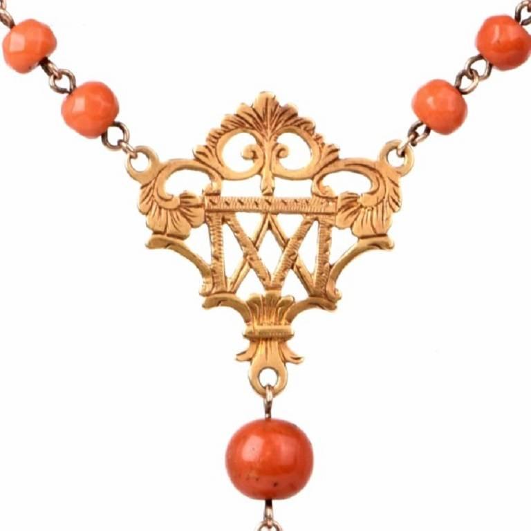 Coral Bead Filigree Gold Medallion Rosary Necklace In Excellent Condition In Miami, FL