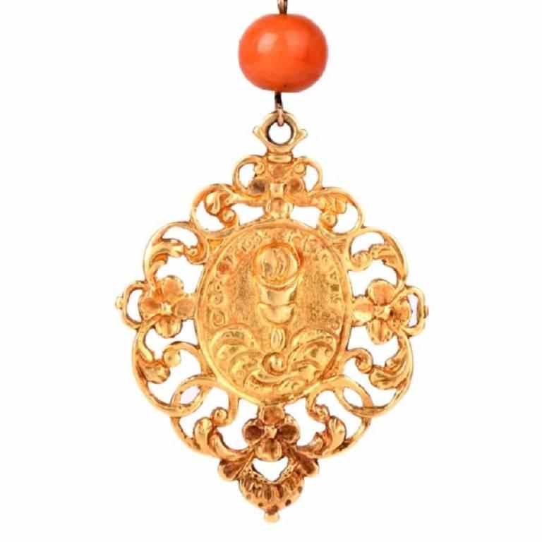 Men's Coral Bead Filigree Gold Medallion Rosary Necklace