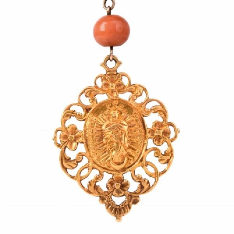 Coral Bead Filigree Gold Medallion Rosary Necklace 1