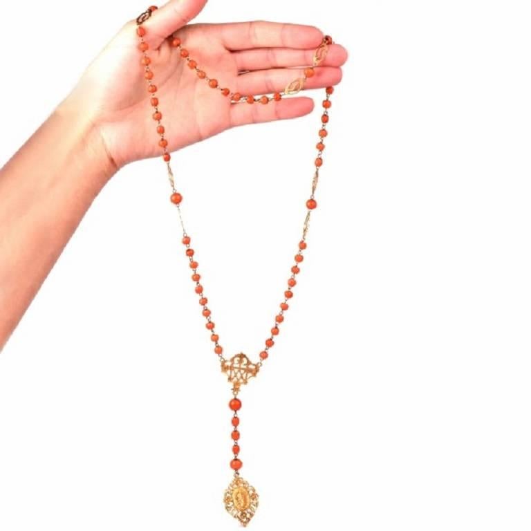 Coral Bead Filigree Gold Medallion Rosary Necklace 2