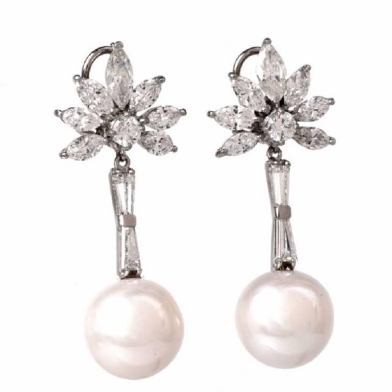 Modern Stunning Diamond Pearl Gold Pendant Earrings