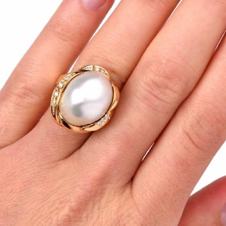 Large Baroque Pearl Diamond Gold Cocktail Ring 1