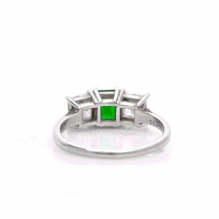 Emerald Asscher Diamond Platinum Three-Stone Engagement Ring In Excellent Condition In Miami, FL
