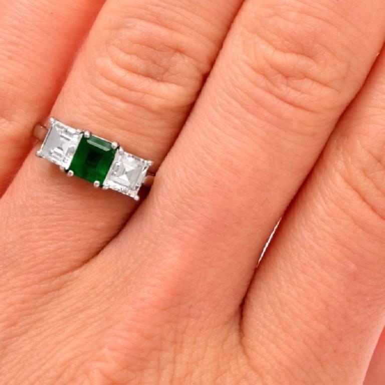 Women's Emerald Asscher Diamond Platinum Three-Stone Engagement Ring