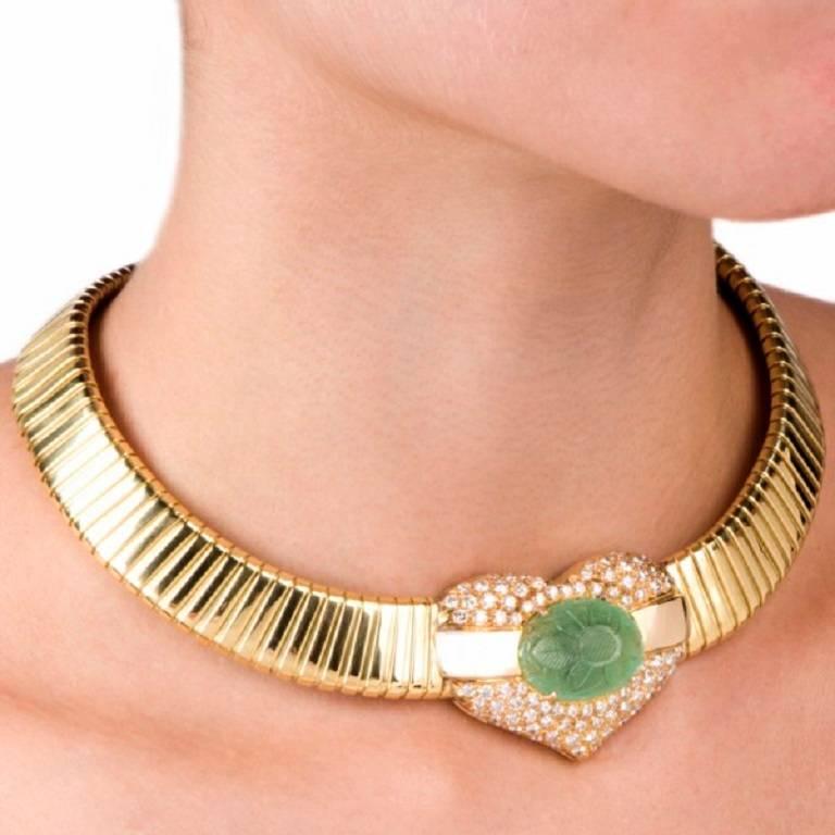 Retro Emerald Diamond Gold Flexible Snake Choker Necklace