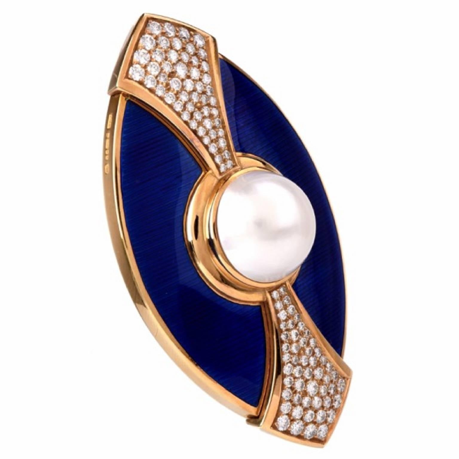 Modern De Vroomen Enamel Pearl Diamond Gold Blue Brooch Pin