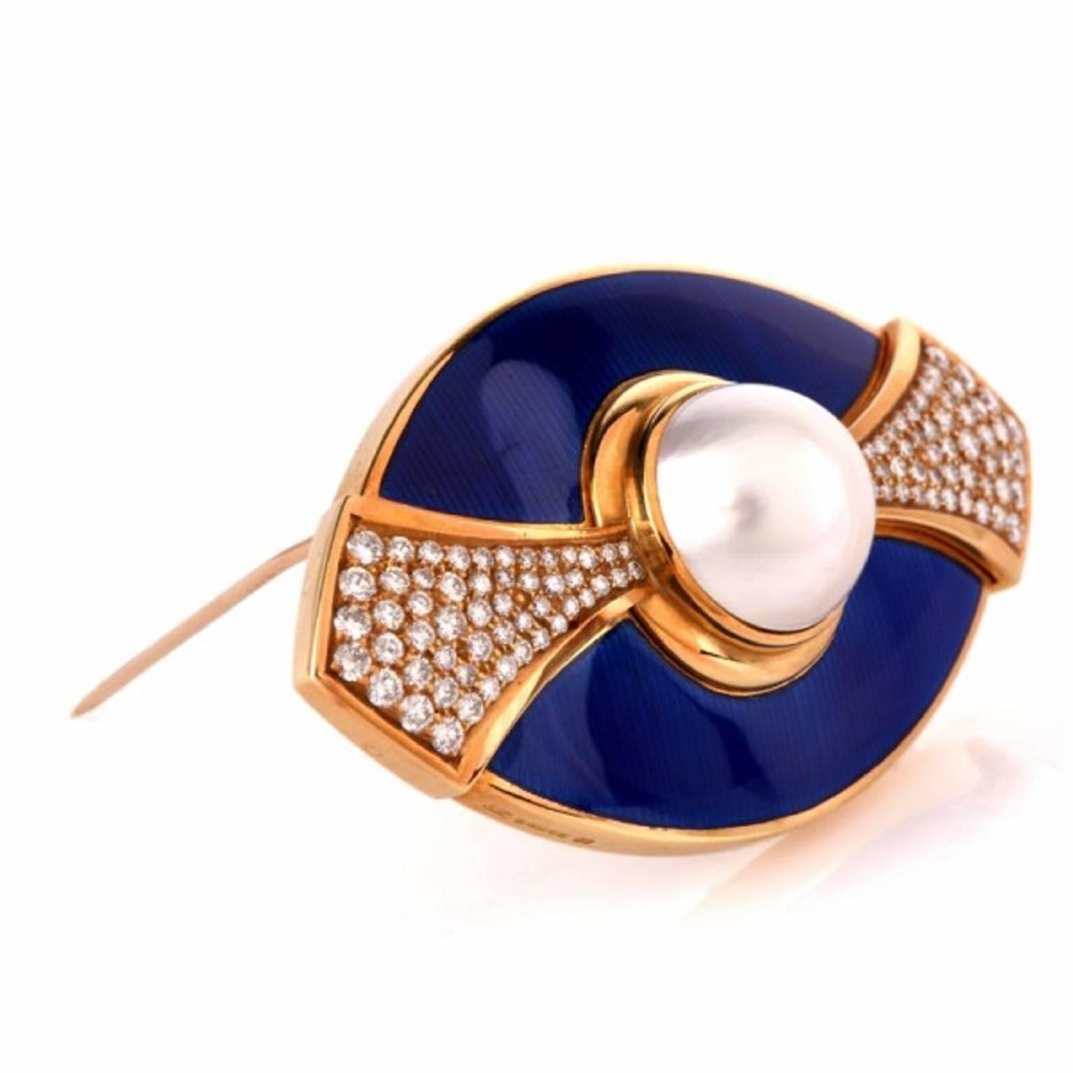 Round Cut De Vroomen Enamel Pearl Diamond Gold Blue Brooch Pin