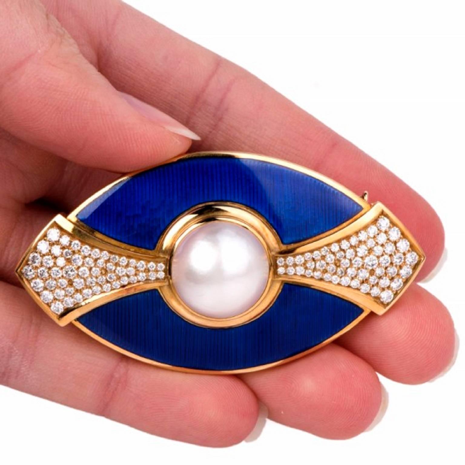 Women's De Vroomen Enamel Pearl Diamond Gold Blue Brooch Pin