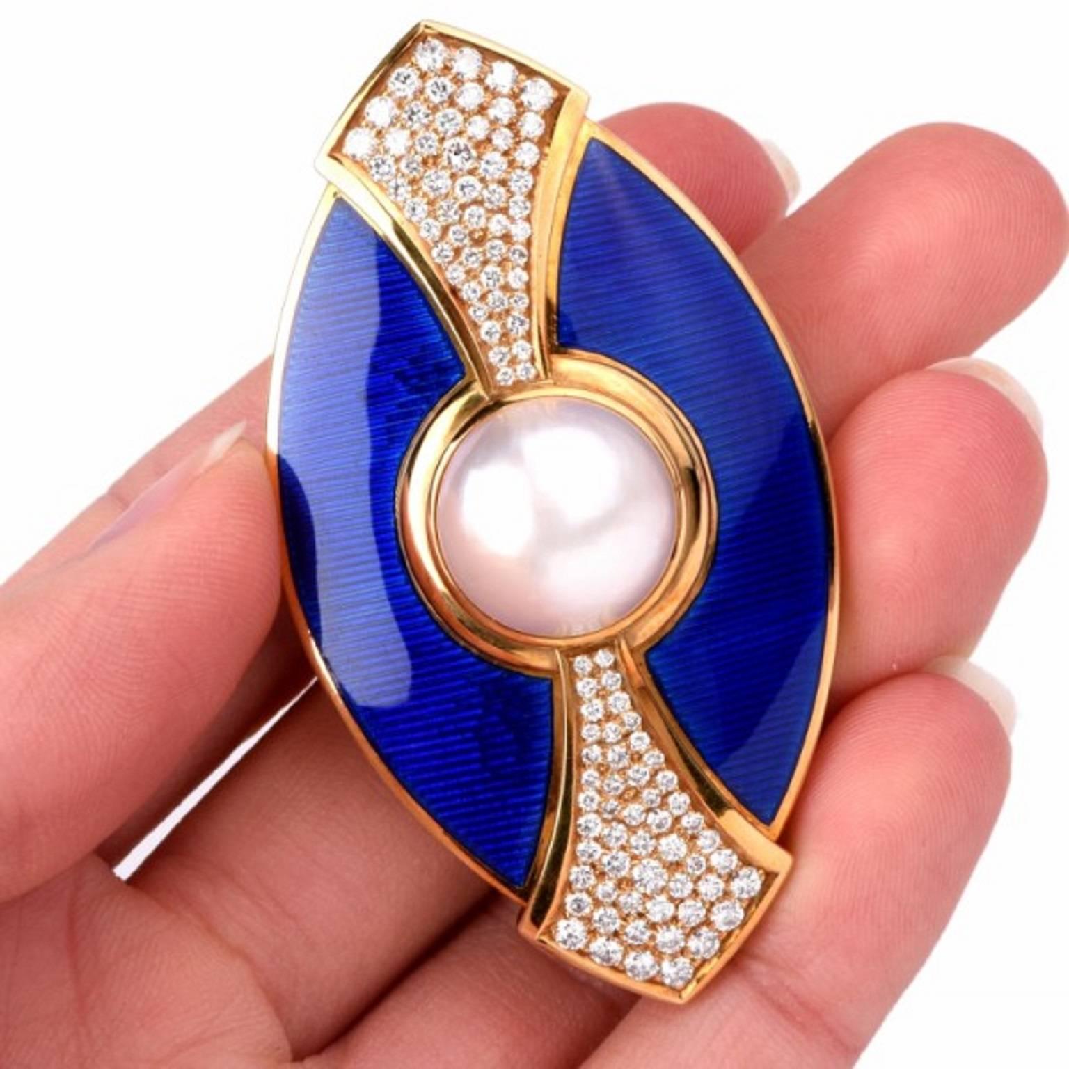 De Vroomen Enamel Pearl Diamond Gold Blue Brooch Pin 1