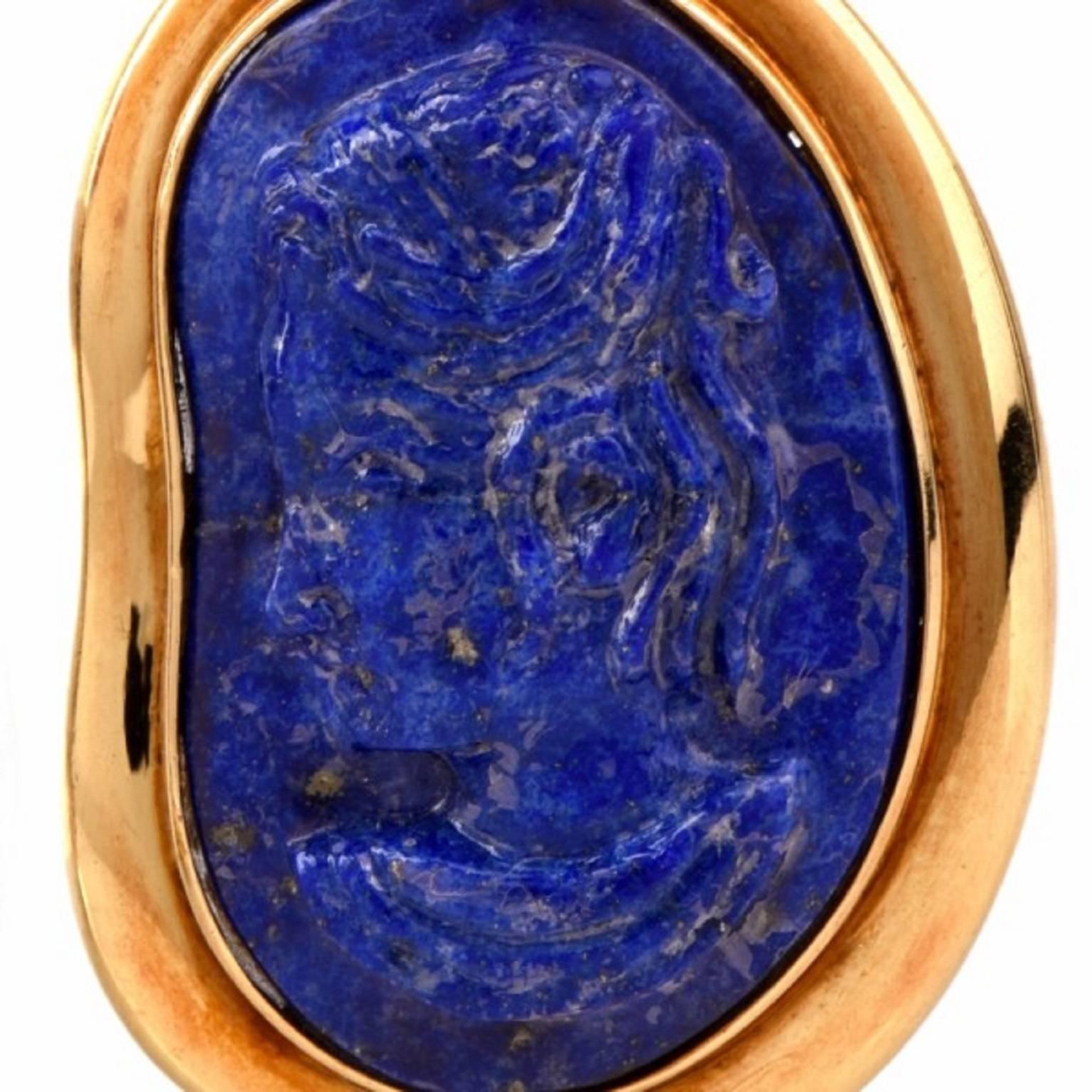 Modern 1970S Lapis Lazuli Cameo Gold Clip-Back Earrings