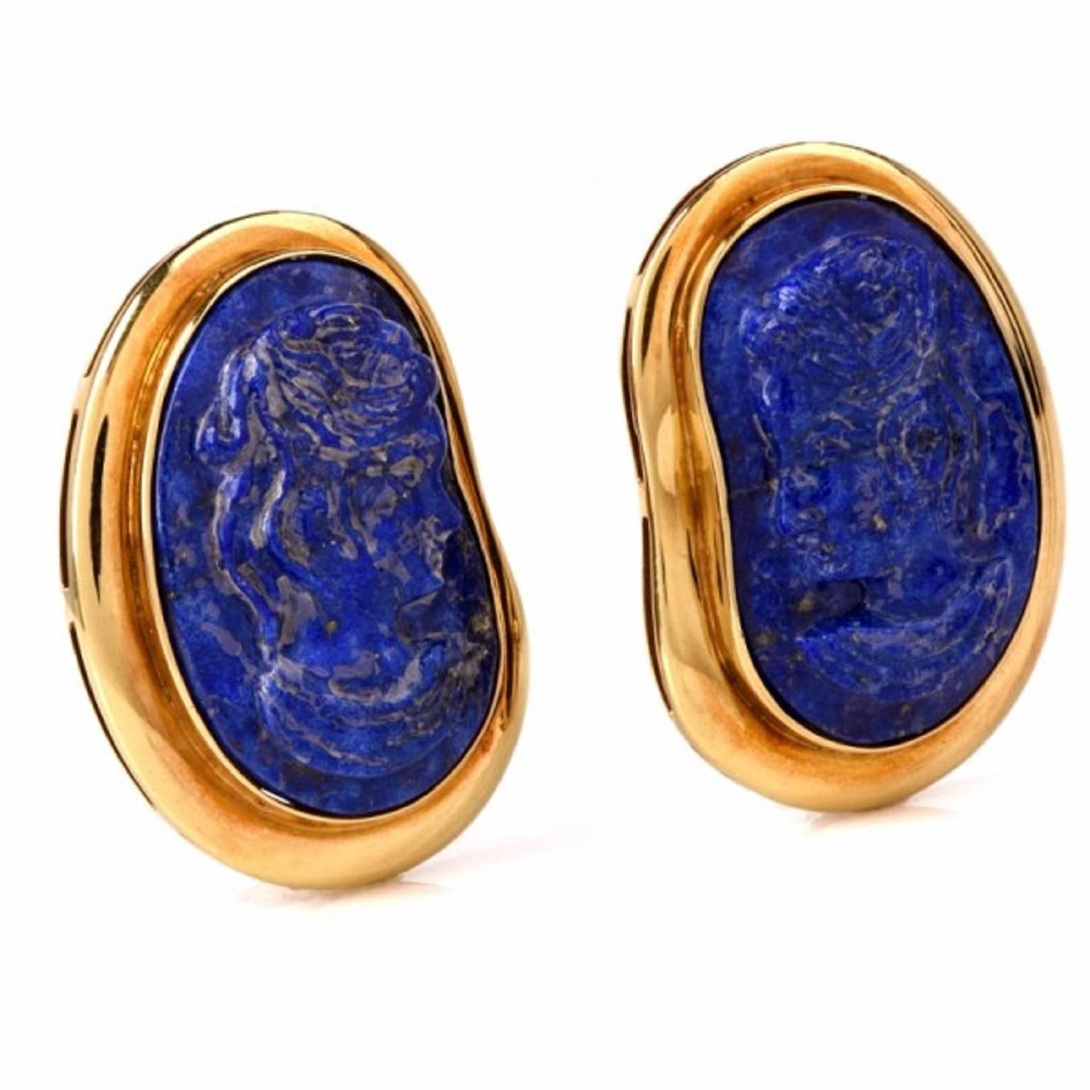 These estate earrings with genuine lapis lazuli cameo portraits are crafted in solid 18K yellow gold, weigh 36.3  grams and measure 1.75