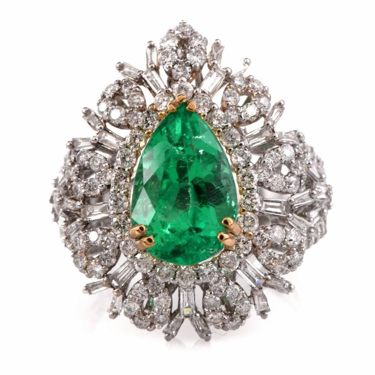 3.34 Carat Emerald Baguette and Round Diamond Gold Cocktail Ring at 1stDibs