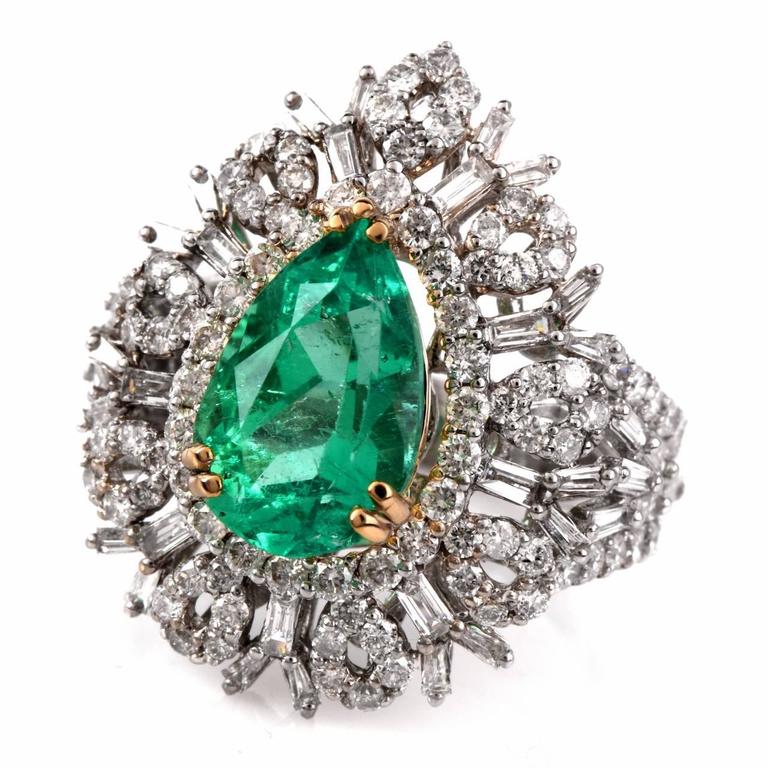 3.34 Carat Emerald Baguette and Round Diamond Gold Cocktail Ring at 1stDibs