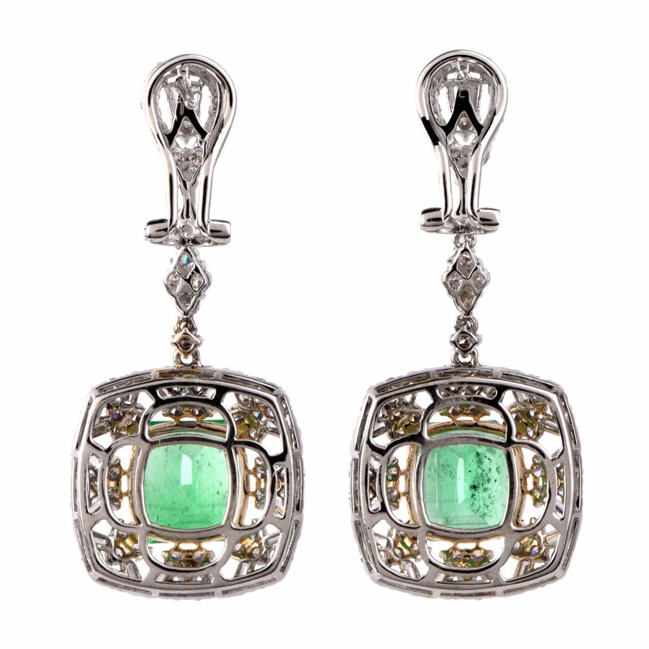  Emerald Baguette  Round Diamond Dangle Earrings In Excellent Condition In Miami, FL