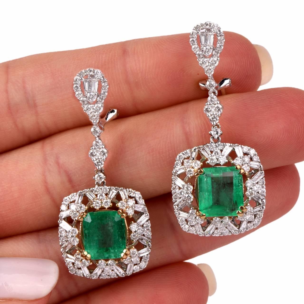 Women's  Emerald Baguette  Round Diamond Dangle Earrings