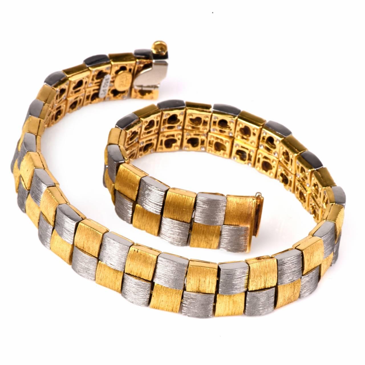 This silk finish  bi-tone  men bracelet of classically elegant aesthetic and immaculate workmanship is crafted in a combination of solid platinum an 18K yellow gold  weighing 71.00 grams and measuring 9+ inches long and  11 mm wide. This  exquisite