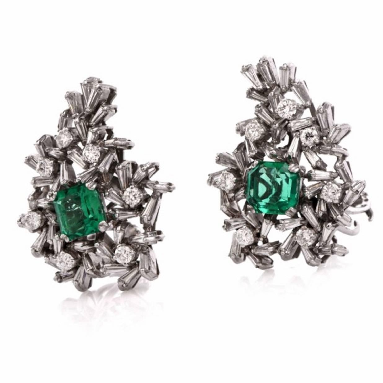 1960s Emerald Earrings Diamond Cluster Earrings Clip-Back Brooches In Excellent Condition In Miami, FL