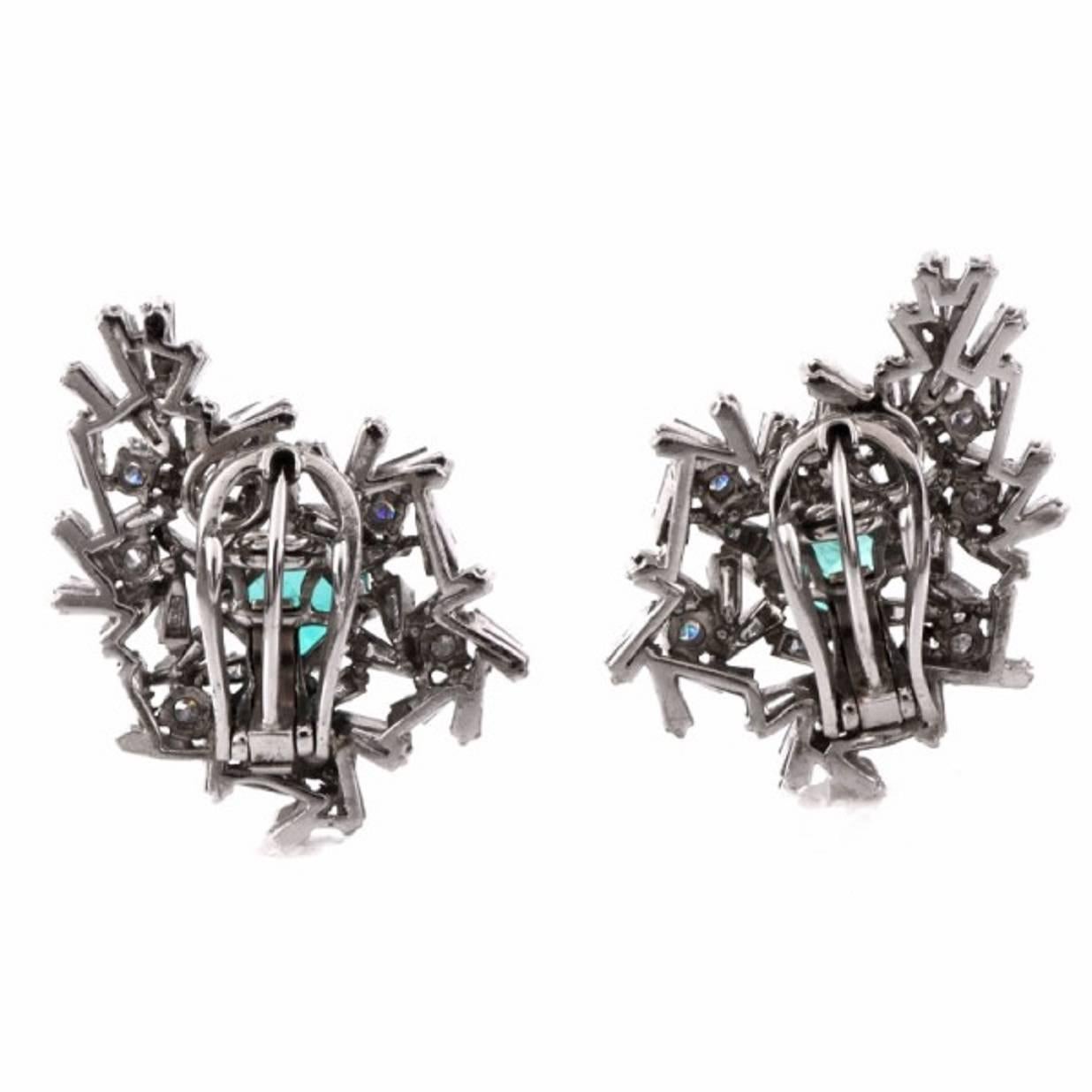 Women's 1960s Emerald Earrings Diamond Cluster Earrings Clip-Back Brooches