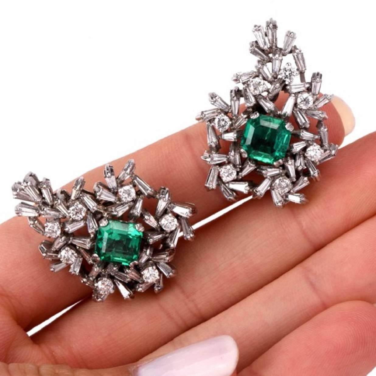 1960s Emerald Earrings Diamond Cluster Earrings Clip-Back Brooches 1