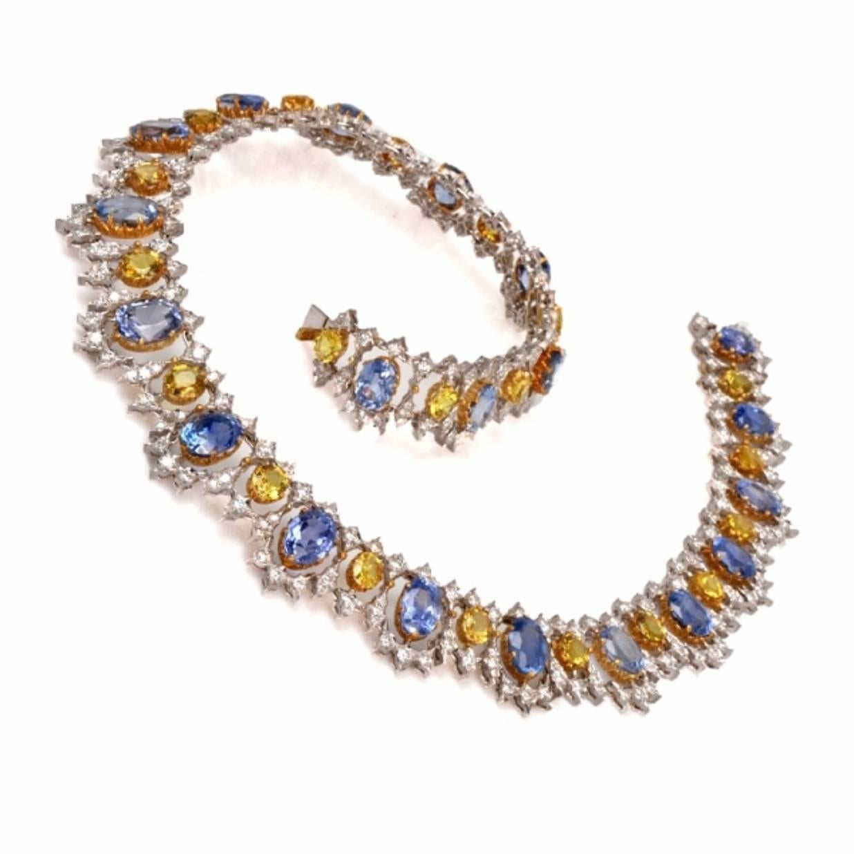 This rare Buccllati necklace is crafted in a combination 18K white and yellow gold. 

This stunning necklace is 4esplendent in 20 genuine oval cut GIA certified natural blue sapphires approx: 62.00cttw, and complemented by 20 alternately set oval