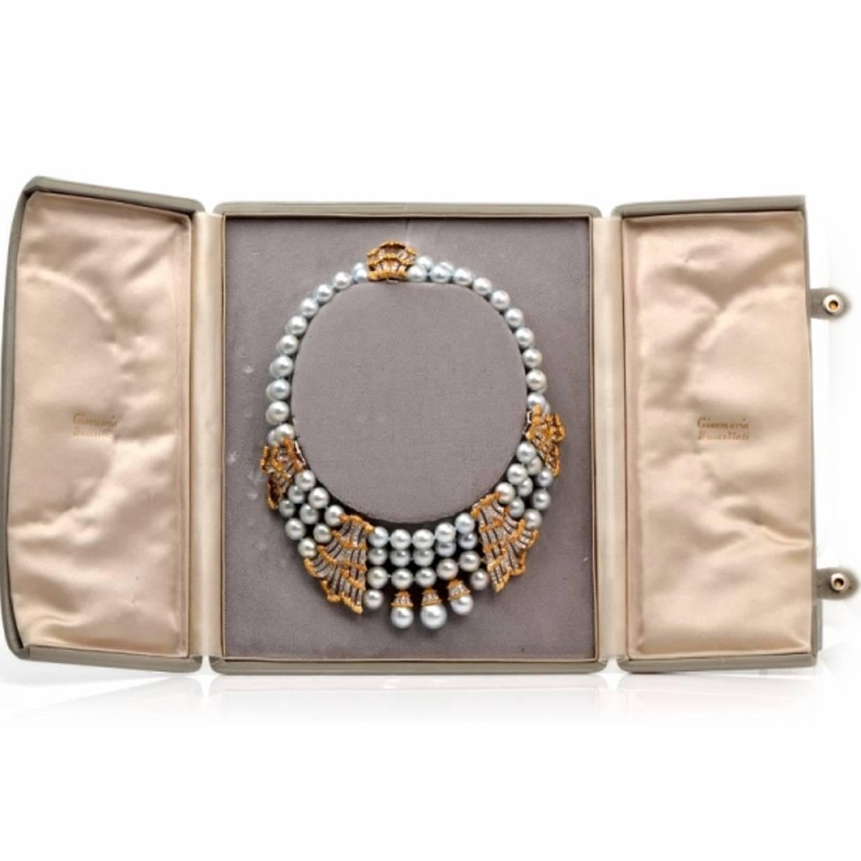 Moderne Mario Buccellati Collier ras du cou en or 18 carats avec perles et diamants