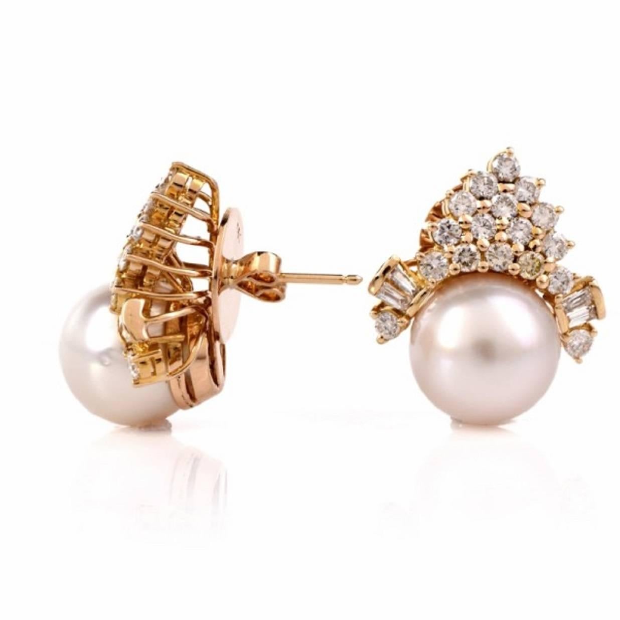 Modern Matching South Sea Pearl Diamond Gold Earrings