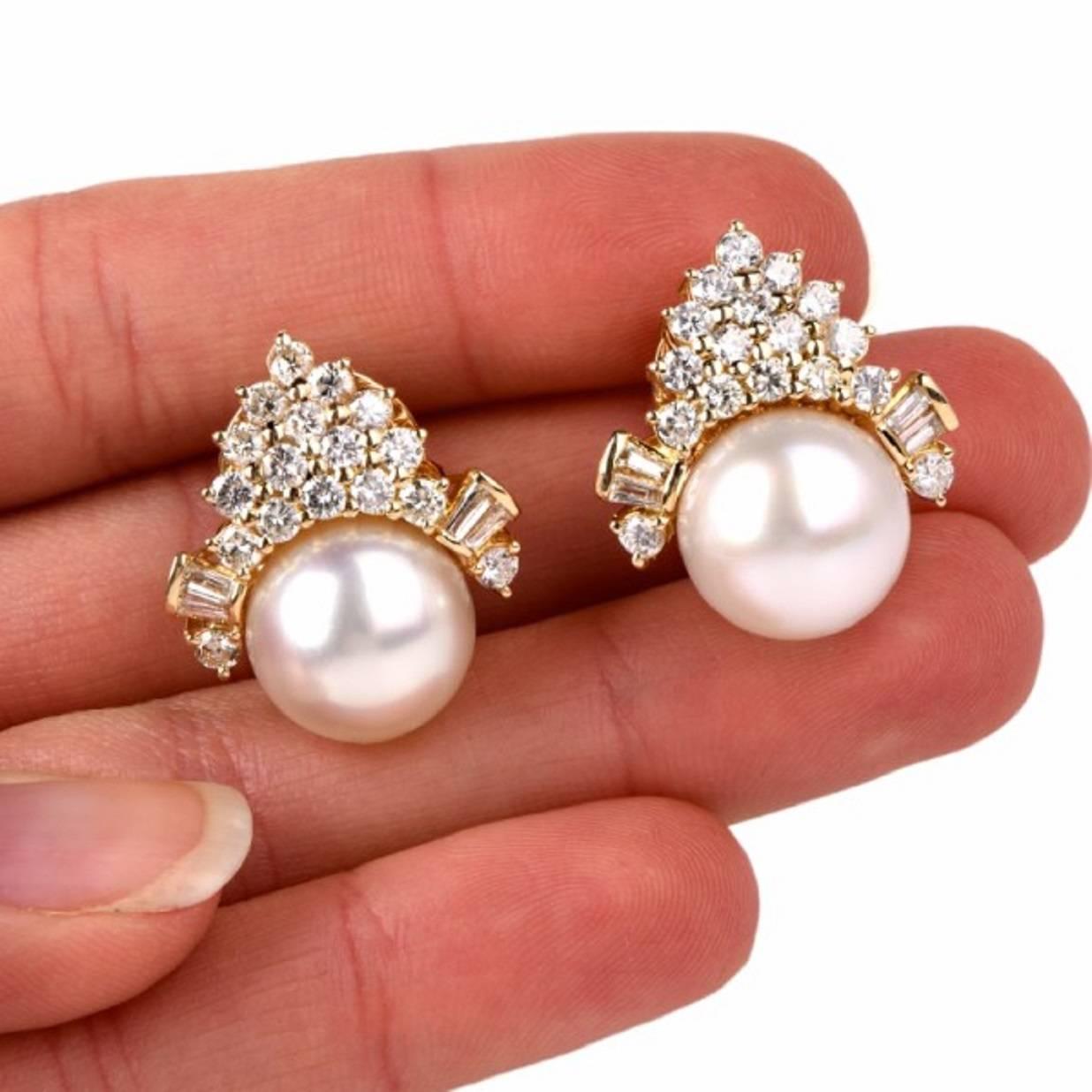 Women's Matching South Sea Pearl Diamond Gold Earrings