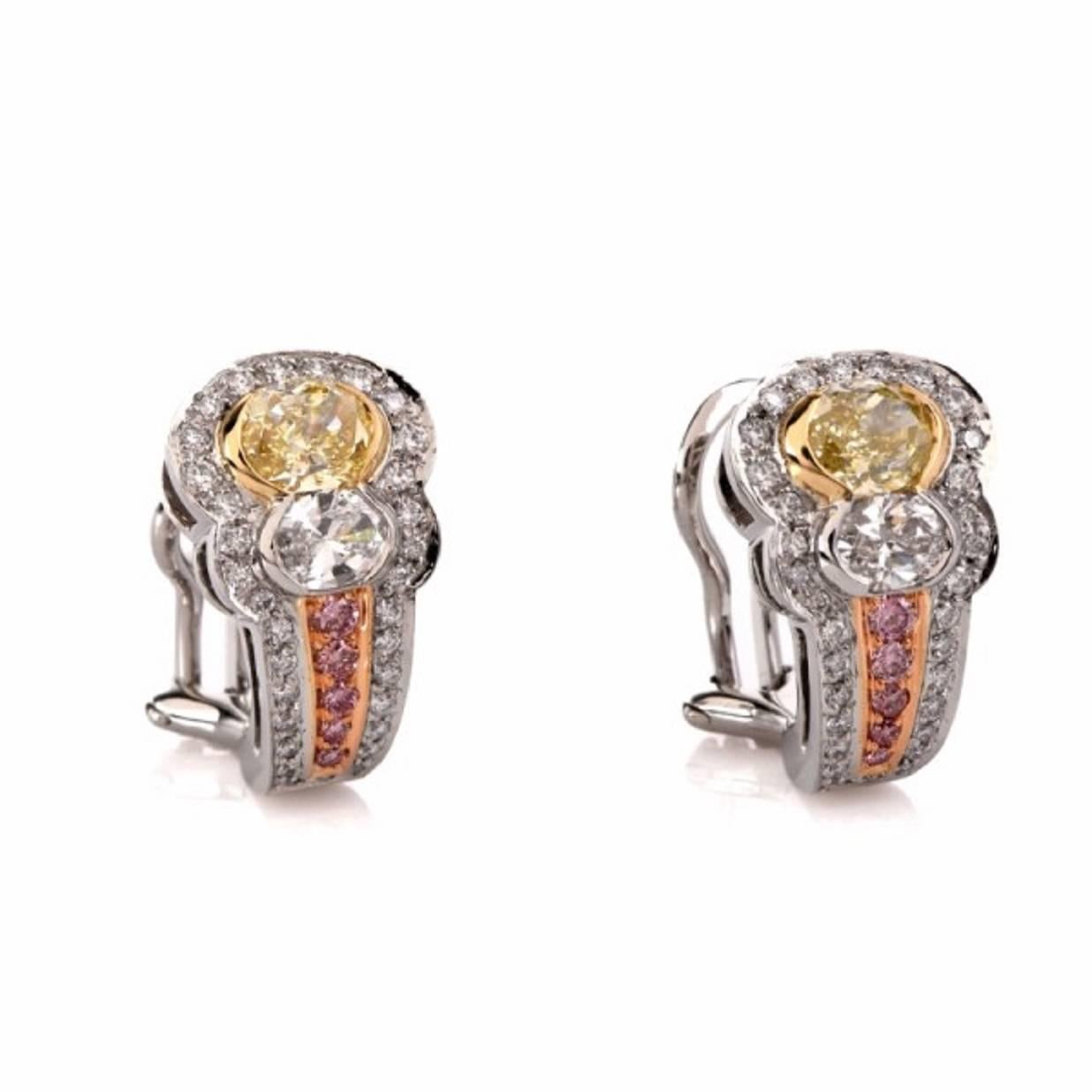 These  Charles Krypell  clip-back earrings with Natural fancy yellow,  pink and colorless diamonds are crafted in solid platinum, weigh 13.4 grams and measure 18 mm long and 11 mm wide.This highly ornate and vivacious aesthetic,  these designer