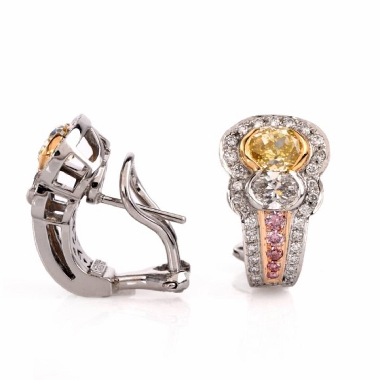 Modern C. Krypell Natural Fancy Yellow and Pink Diamond Platinum Earrings